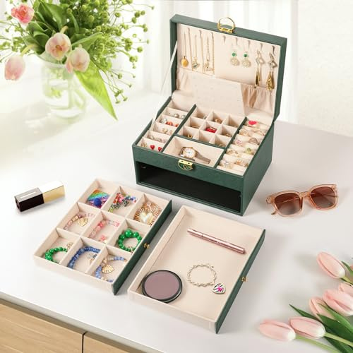 coobest Schmuck-Organizer mit 3 Ebenen und 2 Schubladen, große Schmuckschatullen für Damen, mit Samt-Ohrring-Organizer, abschließbare Schmuckschatullen und Organizer, Weihnachtsgeschenke für Frauen