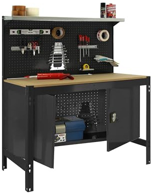 Simon Rack Banco de Trabajo Taller, Capacidad Carga 400 kg, 1445x910x610 mm, Mesa de Trabajo, Guarda Herramientas, Antracita/Madera - BT3