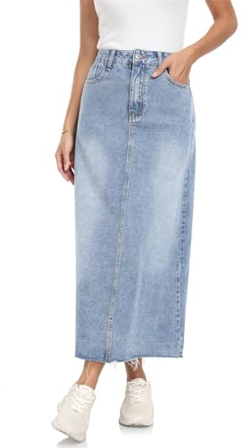 MISS MOLY Women's Jean Skirt Stretch High Waisted Frayed Raw Hem A Line Denim Midi Skirt with Pockets Vintage Blue L