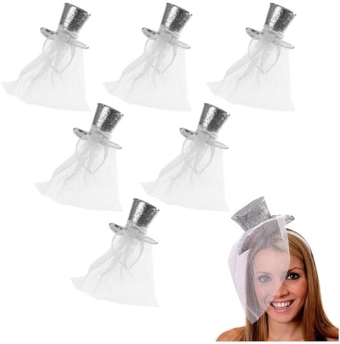 Sombrero de copa con purpurina plateada para mujer, paquete de 6, mini sombrero de lentejuelas plateadas con velo plateado adjunto, accesorio de disfraz de Navidad para mujer