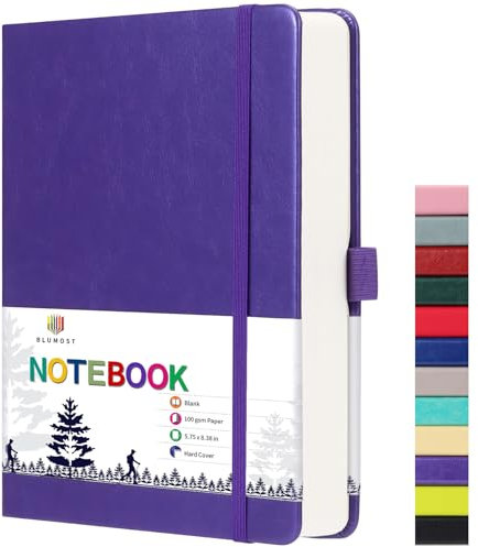 BLUMOST Blank Paper Notebook - 280 Pages A5 Blank Journal Notebook with 100gsm Thick Blank Paper, Hardcover, PU Leather, 5.75'' × 8.38''-Purple