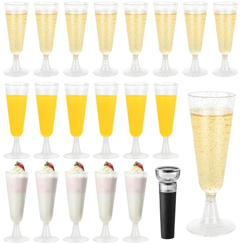 MAIXINNEW 20 Piezas Copas de Cava Plastico Duro Reutilizable 150ml, Copas de Champán de Plástico Plata, Copa de Plastico Vino con Tapón de Vacío Vino para Fiestas, Bodas, Vacaciones