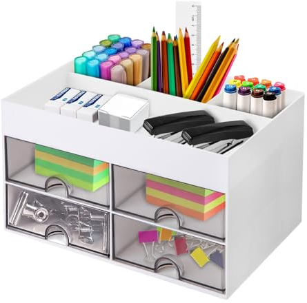 Aotfusd Schreibtisch Organizer mit 4 Schubladen, Platzsparendes Desk Organizer, Multifunktionaler Stiftehalter Schreibtisch, (Weiß)