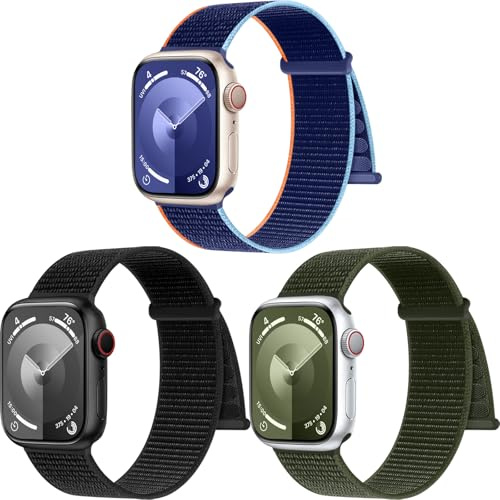 PIOWNN 3-pack nylonremmar kompatibla med Apple Watch, 41 mm, 40 mm, 38 mm,, för kvinnor, män, kardborrebandsfäste, sportslinga, band för iWatch, SE, serie 1–9
