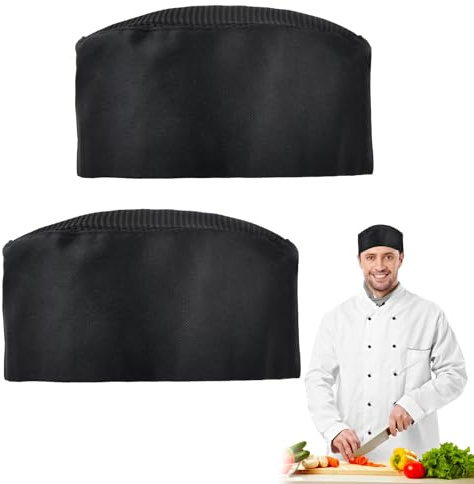 2 Pièces Chapeaux de Chef Réglables, Chapeau de Chef Plat, Chapeau de Restauration Professionnel, Chapeau de Chef de Cuisine Respirant, pour Homme et Femme, pour Cuisine, Restaurant, 58-60 cm, Noir