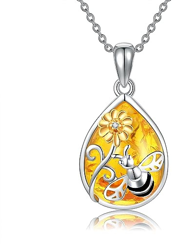 URONE Collier abeille en argent sterling 925 avec pendentif en ambre et tournesol - Cadeau pour femme, Pas de gemme