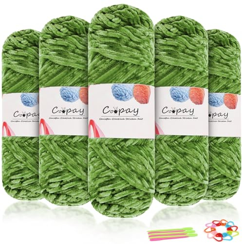 Coopay Lana di ciniglia in velluto per uncinetto, 500 g (5 x 100 g) di velluto di ciniglia, spessa per lavorare a maglia, morbida lana di ciniglia con accessori all'uncinetto, per sciarpe, coperte