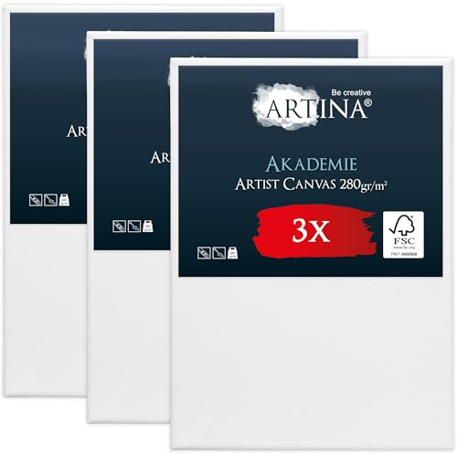 Keilrahmen Leinwand zum Bemalen 50x70 cm – Artina FSC® 3er Set bespannte Keilrahmen Leinwände zum malen für Acrylfarben Canvas 100% Baumwolle – Acryl Leinwand Rahmen