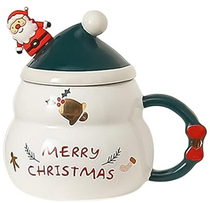 Weihnachtstasse – 500 ml Keramik-Milchbecher mit Weihnachtsmützen-Deckel und Weihnachtsmann-Löffel, Saftbecher für Zuhause, Schule, Tischdekoration