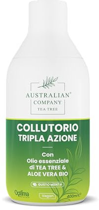 Collutorio Tripla Azione con Tea Tree Oil e Aloe Vera biologica, aiuta a mantenere pulito il cavo orale e a prevenire la formazione di tartaro, lascia una sensazione di piacevole freschezza 400 ml