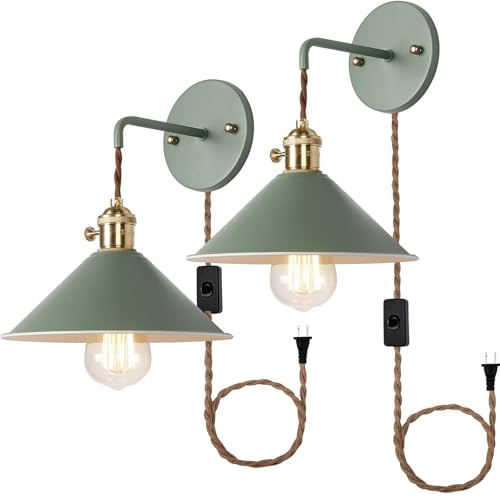 Wandlampe mit Stecker E27 Vintage Wandleuchte mit Drehbare Schalter Industrial Design Retro Wandlicht Lampen mit 2m Kable Metall Lampenschirm Innen Loft Wandlampen für Schlafzimmer (Grün,2 Stück)
