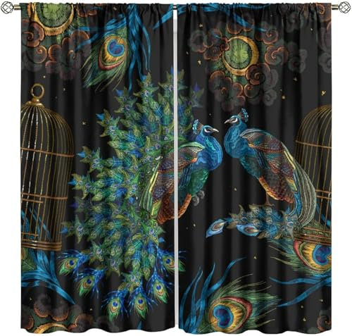 Vorhang Kinderzimmer Tier Pfau Kinder Vorhänge Mit Ösen Polyester Gardinen Thermovorhang Blickdicht Ösenschal Kindergardinen 150X166 cm (B + H) Für Wohnzimmer,2Er Set-940816044