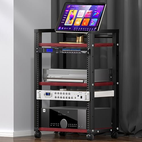 YQMHEZ Mobile stereo hi fi Rack HiFi, Rack Audio con ripiani regolabili in altezza a 3 livelli, Mobile stereo con ruote for amplificatore AV/Giradischi/Sky box/Stampante, Capacità di carico(Black+teak