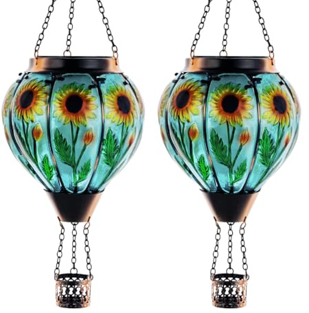 Starsoul 2 PC Sunflowers Hot Air Balloon Solar Lantern with Flame Glass Hanging Outdoor Hot Air Balloon Solar Light Waterproof Garden Patio Yard Party Decorations