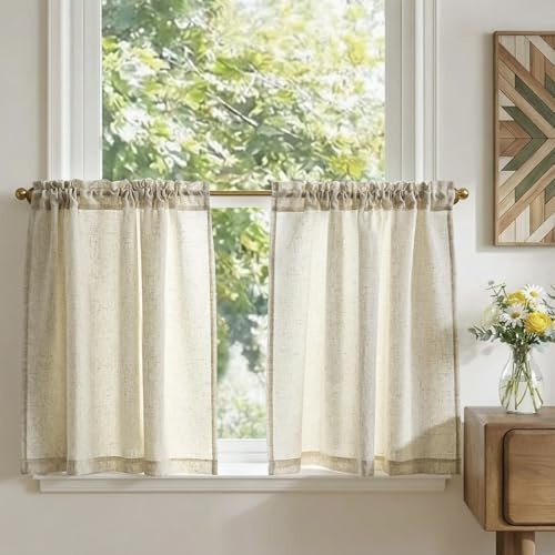 TOPICK Cortinas Cocina Corto Antiviento, Beige 65L x 75H(cm) 2 Paneles con Bolsillos de Barra Pequeña Cortina, para Ventana, Armario, Mueble Bajo, Habitación Protector de Fregadero