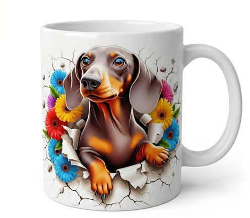 Shopi Zone Taza de cerámica con diseño de perro salchicha y flores - Ideal para amantes de los Dachshund