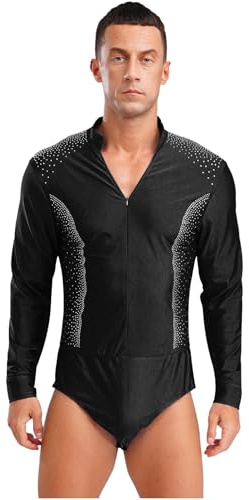 Freebily Camicia Body da Ballo Uomo Latino Americano Manica Lunga Balletto Body Danza Classica Ginnastica Ritmica Jumpsuit Bodysuit da Pattinaggio Artistico Dancewear Nero XL