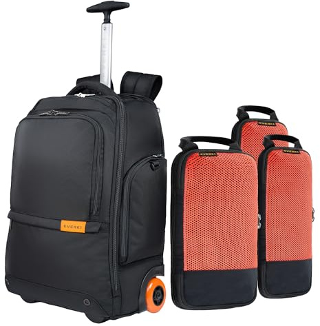 EVERKI Wheeled 123 Laptop Rolling Backpack Black 32L & Packing Cubes 3-Pack | Ballistic Nylon Bag with Compression Cubes, Laptop Sleeve, Organizer Pockets & Clothing Storage, Travel-Friendly