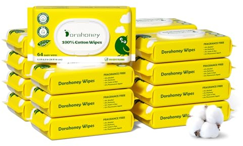 Dorahoney 100% Cotton Baby Wipes for Sensitive Skin, 99% Water Wet Wipes Unscented, Hypoallergenic, Plant Based, Fragrance & Plastic-Free Wipes Baby Essentials, 768 Wipes Total (12 Flip-Top Packs)