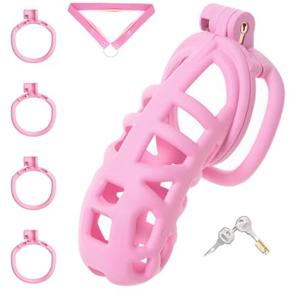 Chastity Cage Männer Sissy Peniskäfig mit Gürtel und 4 Ringen Sex Spielzeug für die Männer Keuschheitskäfig Herren aus Harz mit Schloss für Penis Fesseln Leichter und Atmungsaktiver (L)