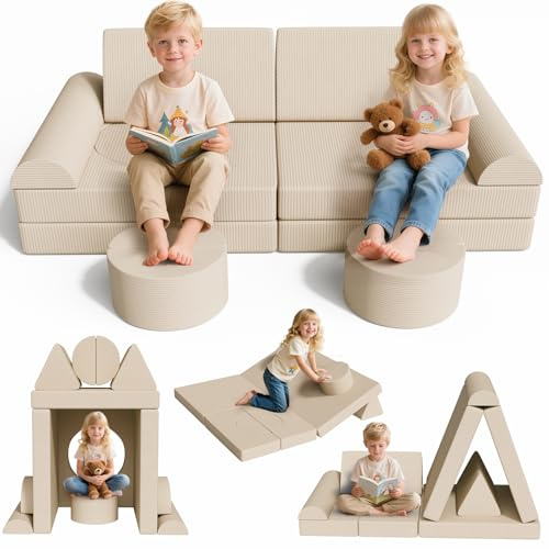 MAMIZO Leksoffa, Cord, barnsoffa, byggstenar, 15 delar, modulär barnsoffa, leksoffa för barn, barnsoffa, öppnande Oeko-TEX, kreativt lekande för goshörn i barnrummet (beige) | Barnsoffa med 15 st modul för barnrum, spelrum, idealisk barngåva- oändliga lekmöjligheter