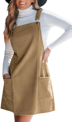 CUPSHE Vestido casual de pana para mujer, cuello cuadrado, bolsillos de parche, corto, mini vestidos, caqui, S