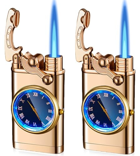 Behogan 2 Stücke Jet Feuerzeug, Feuerzeug mit Uhr, Sturmfeuerzeug Gas Nachfüllbar, Creative Dial Rocker Arm Inflatable Lighter für Männer und Vater Geschenks (ohne Gas)