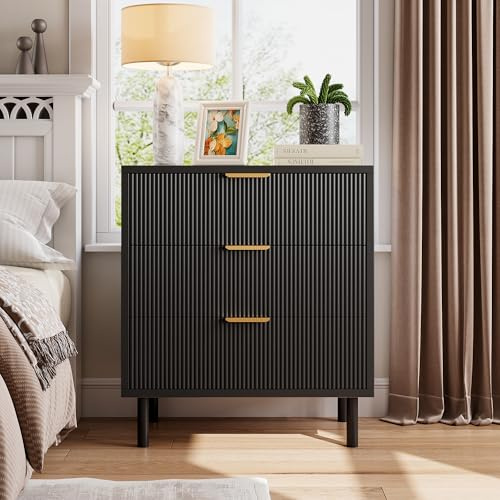 GAOMON Black Wave Fluted 3 Drawers Dresser, Wide Wood Chest of Drawers, Modern Storage Dresser Chest of Drawers Organizer with Metal Legs and Anti-Tipping Device for Bedroom Living Room