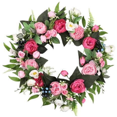 Oreilet Frühlingskranz für die Haustür, 41,9 cm Pfingstrosen-Kranz, Künstliche Blume Pfingstrose Sommer-Blumenkränze für die Ganze Saison für Tür Hochzeit Wand Außen Innendekoration