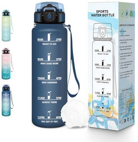 Baramumu Botella Agua, 500ML Libre de BPA, Botella Agua Gimnasio, Diseño de Cerradura a Prueba de Fugas, Botellas de Agua, Con Marca de Tiempo, Botellas de Agua para Escuela, Deportes - Azul marino