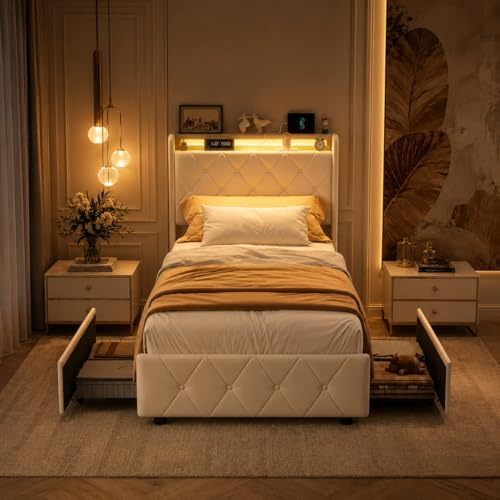 Polsterbett Jugendbett 90x200 mit 2 Schubladen, LED Einzelbett 90x200 mit Staufach-Kopfteil und USB-Anschlüssen, Gästebett Funktionsbett Bettgestell mit Lattenrost,Samt(ohne Matratze)