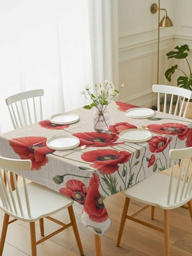 Flowers Rectangle Tablecloth 60 x 102 Inches Red Opium Poppy Flowers Vintage Linen Waterproof & Stain Resistance Table Cloth Decorative Fabric Table Cover for Dinning/Party/Buffet/Banquet