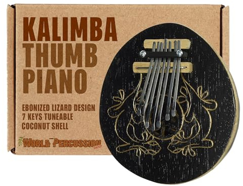 World Percussion USA Kalimba Thumb Piano Instrument - 7 keys - Tunable - Coconut Shell - Ebonized Lizard (R)