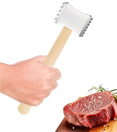 Batticarne con manico in legno, martello da carne, doppio lato, batticarne per cotolette, bistecca, manzo (quadrato)