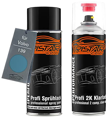 TRISTARcolor Autolack 2K Spraydosen Set für Volvo 139 Mist Blue Basislack 2 Komponenten Klarlack Sprühdose