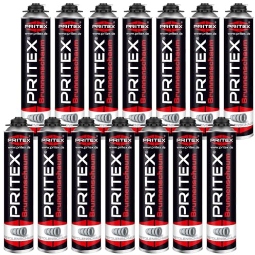 PRITEX – Brunnenschaum 14 x 750 ml zur Montage von Brunnenschachtringen & Rohrelementen – Pistolenschaum mit sehr guter Haftung & hoher Beständigkeit – Bauschaum für Montagepistole