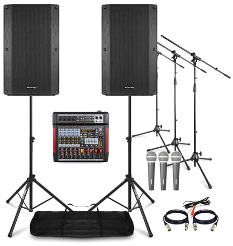Band PA System Package with Vonyx VSA150S 15 inch Active/Passive Speakers, 6-Channel Mixer, Microphones and Stands, Live Band and Vocalist Sound System Setup