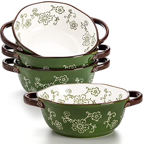 AVLA 4 Pack Ceramic Soup Bowls, 22 Ounces Porcelain Serving Bowl Set with Double Handle, Large Ceramic Crocks for French Onion Soup, Stew, Pasta, Cereal, Pot Pies (Green)