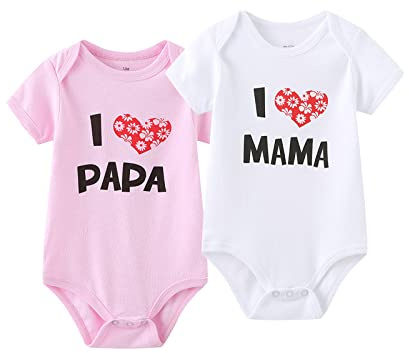 MAMIMAKA Unisex-baby 2-pack enfärgade endelade nyfödda tvillingar I Love Papa I Love Mama kroppsdräkter 0-24 månader pojkar och flickor, Rosa + Vit 2023, 0-3 månader