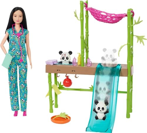 Barbie Doll and Accessories, Panda Care and Rescue Playset Vet Doll, 2 Pandas with Color-Change Transformation and 20+ Pieces, HKT77