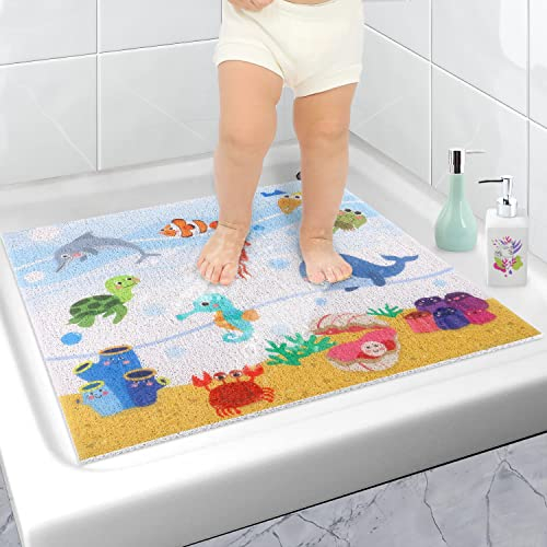 Duschmatte rutschfest 60 x 60 cm (Delphine Motiv), Sicherheits Antirutschmatte Dusche mit Ablauflöchern, BPA frei, PVC-Luffa Badewannenmatte für Duschraum und Nassbereiche, Bedruckte Duscheinlage