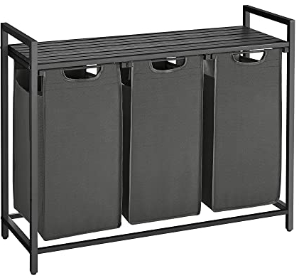 VASAGLE Wäschekorb 3 Fächer, Wäschesammler mit Ablage, Wäschebox, Wäschesack aus Oxford-Gewebe abnehmbar, Metallrahmen, 3 x 40 L, 92,5 x 33 x 72 cm, schiefergrau-anthrazitgrau BLH301G01