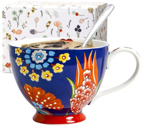 Tuzsocr 450ml Tasses en céramique à motif floral,café tasse de style bohème,tasse de petit déjeuner peint à la main,avec anse faite et peinte à la main.pour le lait,le thé,vin,jus,boissons (Style 4)