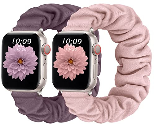 CeMiKa 2pack Elastic Adjustable Straps Compatible with Apple Watch Strap 38mm 40mm 41mm 42mm, Cute Printed Scrunchie Strap for iwatch Series 10 9 8 7 6 5 4 3 SE, Women Men, Sandpink/Smokeviolet
