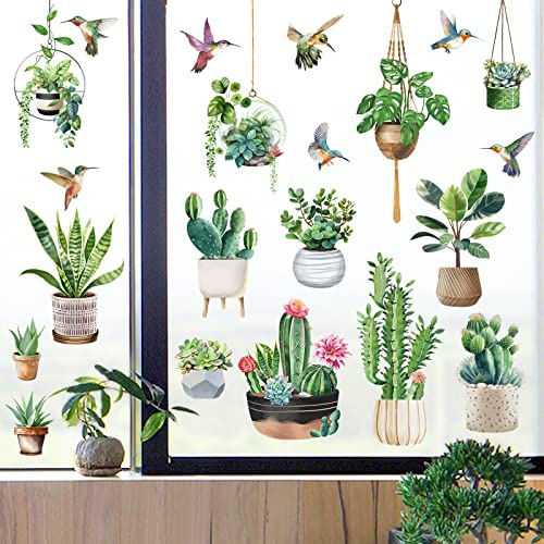 wondever Fensterbilder Topfpflanze Hängende Pflanzen Blätter Fenstersticker | Wiederverwendbar, Doppelseitig Statisch PVC Fensterdeko, Fenster Vogelschutz, Frühling Deko für Glas Tür Wohnzimmer Küche