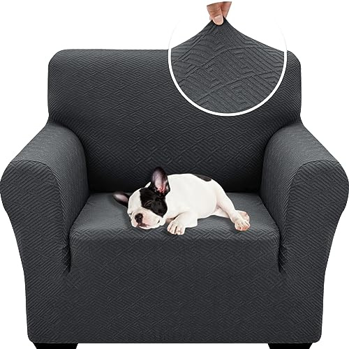 XINEAGE Sofabezug 1 Sitzer, High Stretch Sofaüberwurf für Wohnzimmer, Moderne Sofaüberzug, Jacquard Sofa überzug für Hunde, Haustiere, Rutschfester Sofa Cover (1 Sitzer, Dunkel Grau)
