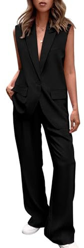 PRETTYGARDEN Women's 2 Piece Outfits Sleeveless Suit Vest and Wide Leg Pants Business Casual Blazer Sets (Black,Large)