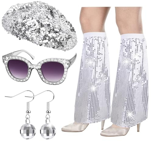 HOWAF Disco Accessoires 70er Jahre Kostüm Glitzer Baskenmütze Disco Hut Pailletten Stulpen Disco Brille Sonnenbrille Discokugel Ohrringe 70er 80er Jahre Outfit Damen für Fasching Karneval Kostüm