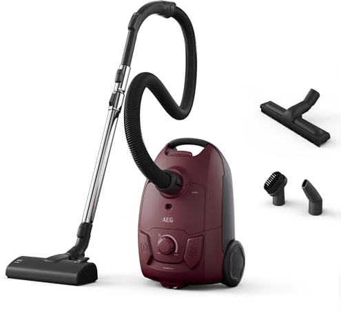AEG 5000 Series Bagged Cylinder Vacuum Cleaner AB51C2DR, Strong Suction Power, 3L Dust Capacity, Ergonomic Design, High Filtration System, For Hard Floors & Carpets, Dustbag Full Indicator, Dark Red