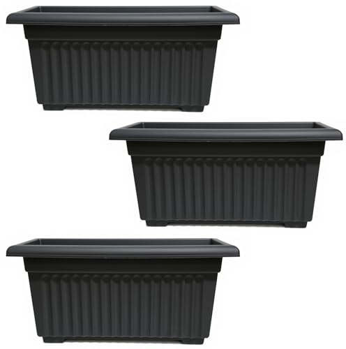 SIDSONS Plastic Trough Plant Pot Long Planter Home Outdoor Garden Window Herb Flower Box Windowsill Patio Bushes Window Box Rippled Effect, Optional Drainage Holes 55cm Black Set Of 3